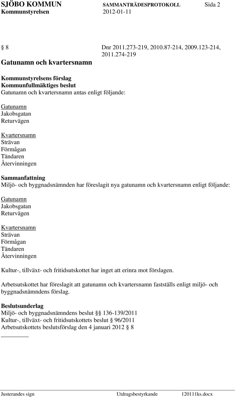 Tändaren Återvinningen Miljö- och byggnadsnämnden har föreslagit nya gatunamn och kvartersnamn enligt följande: Gatunamn Jakobsgatan Returvägen Kvartersnamn Strävan Förmågan Tändaren Återvinningen