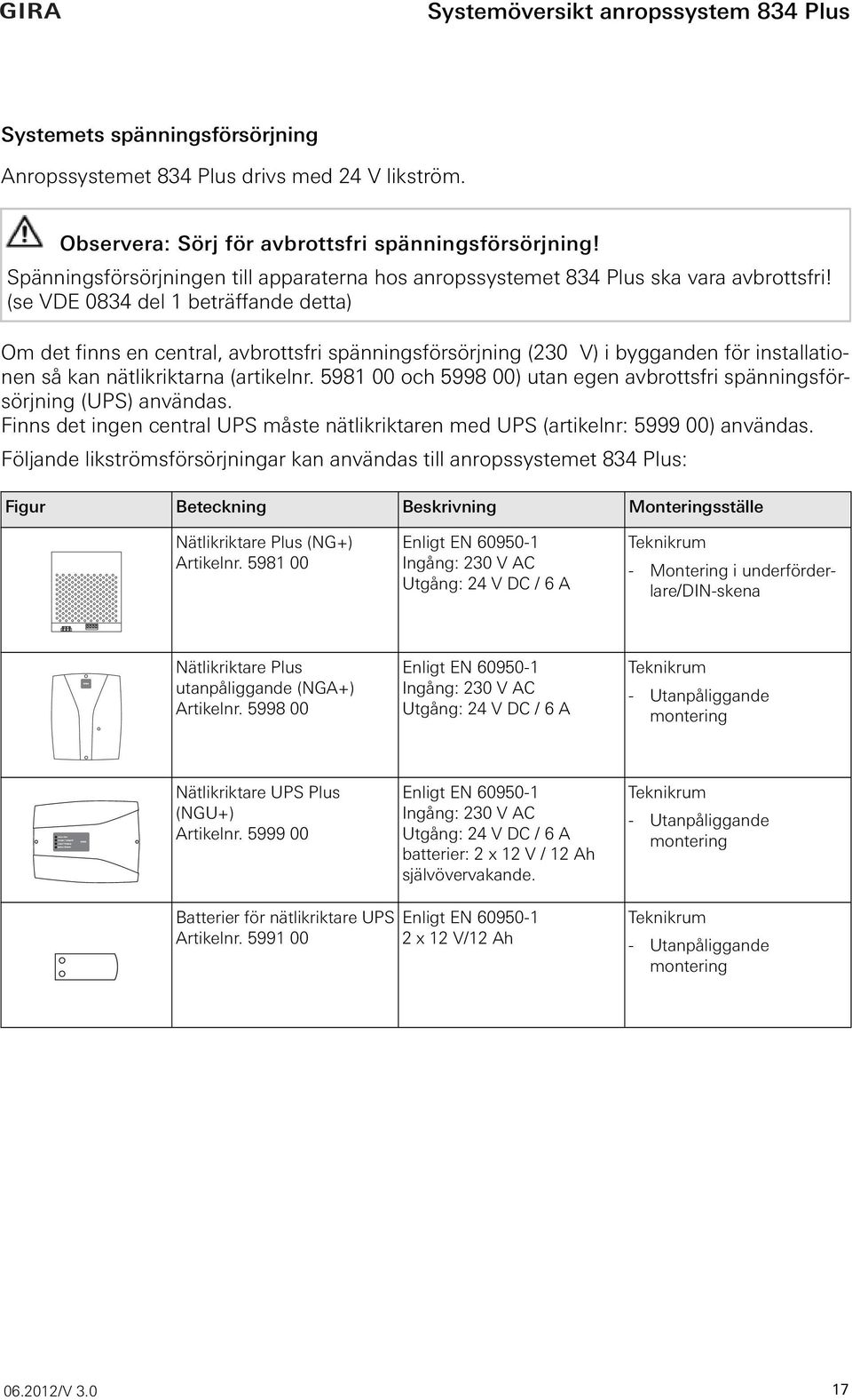 (se VDE 0834 del 1 beträffande detta) Om det finns en central, avbrottsfri spänningsförsörjning (230 V) i bygganden för installationen så kan nätlikriktarna (artikelnr.