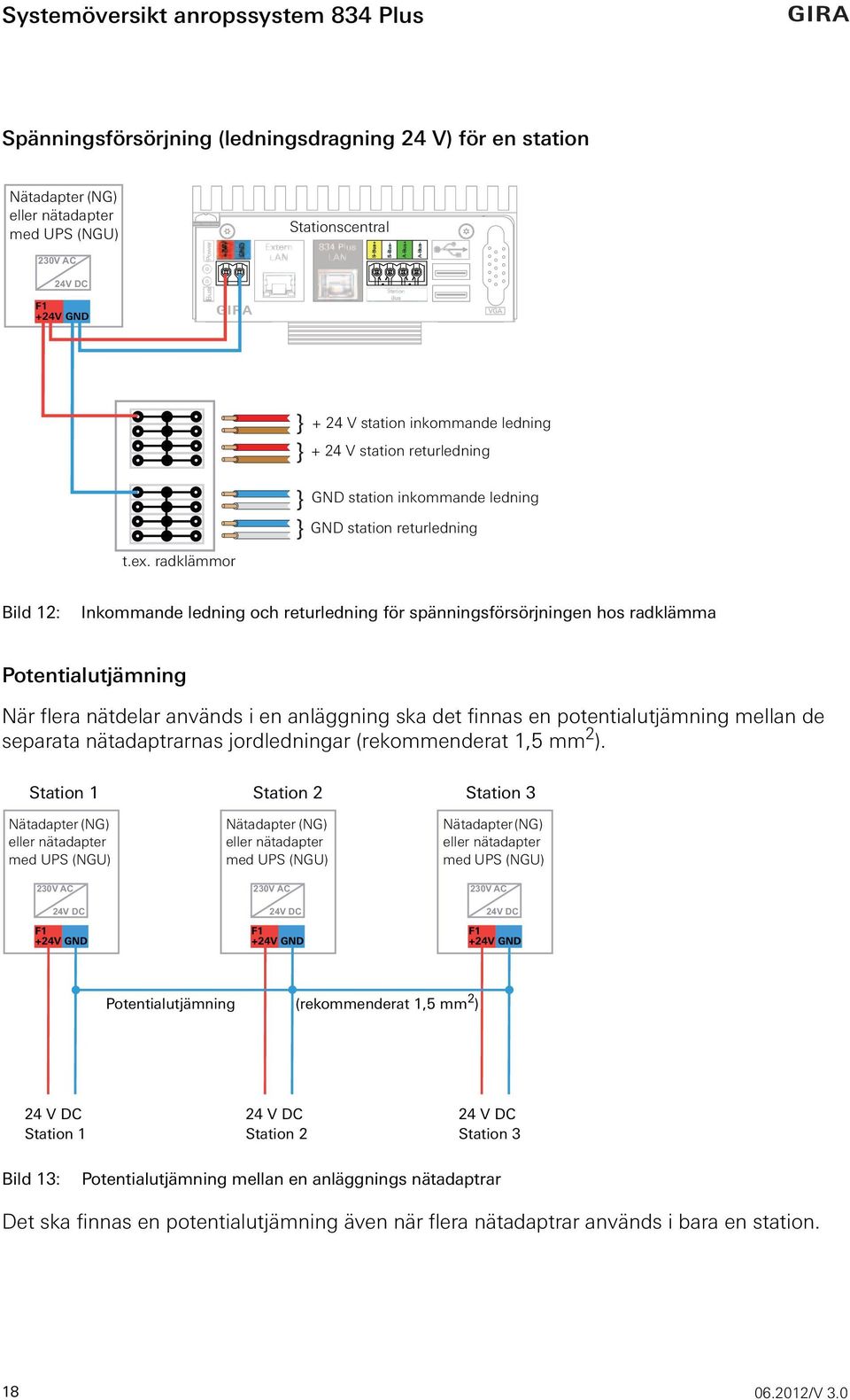 radklämmor Bild 12: Inkommande ledning och returledning för spänningsförsörjningen hos radklämma Potentialutjämning När flera nätdelar används i en anläggning ska det finnas en potentialutjämning