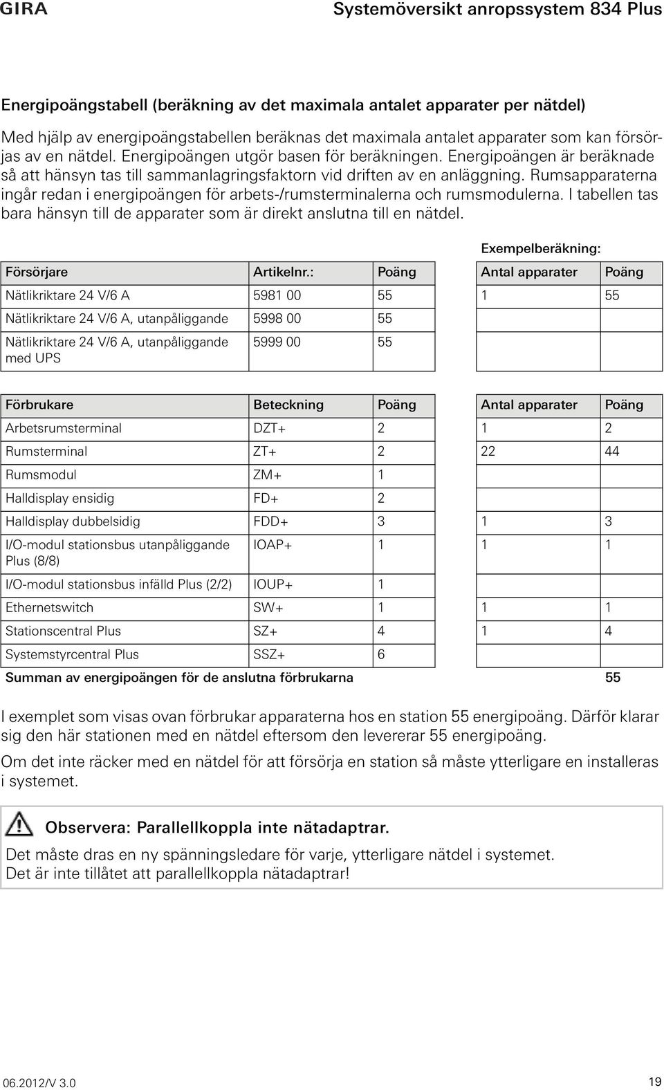 Rumsapparaterna ingår redan i energipoängen för arbets-/rumsterminalerna och rumsmodulerna. I tabellen tas bara hänsyn till de apparater som är direkt anslutna till en nätdel.