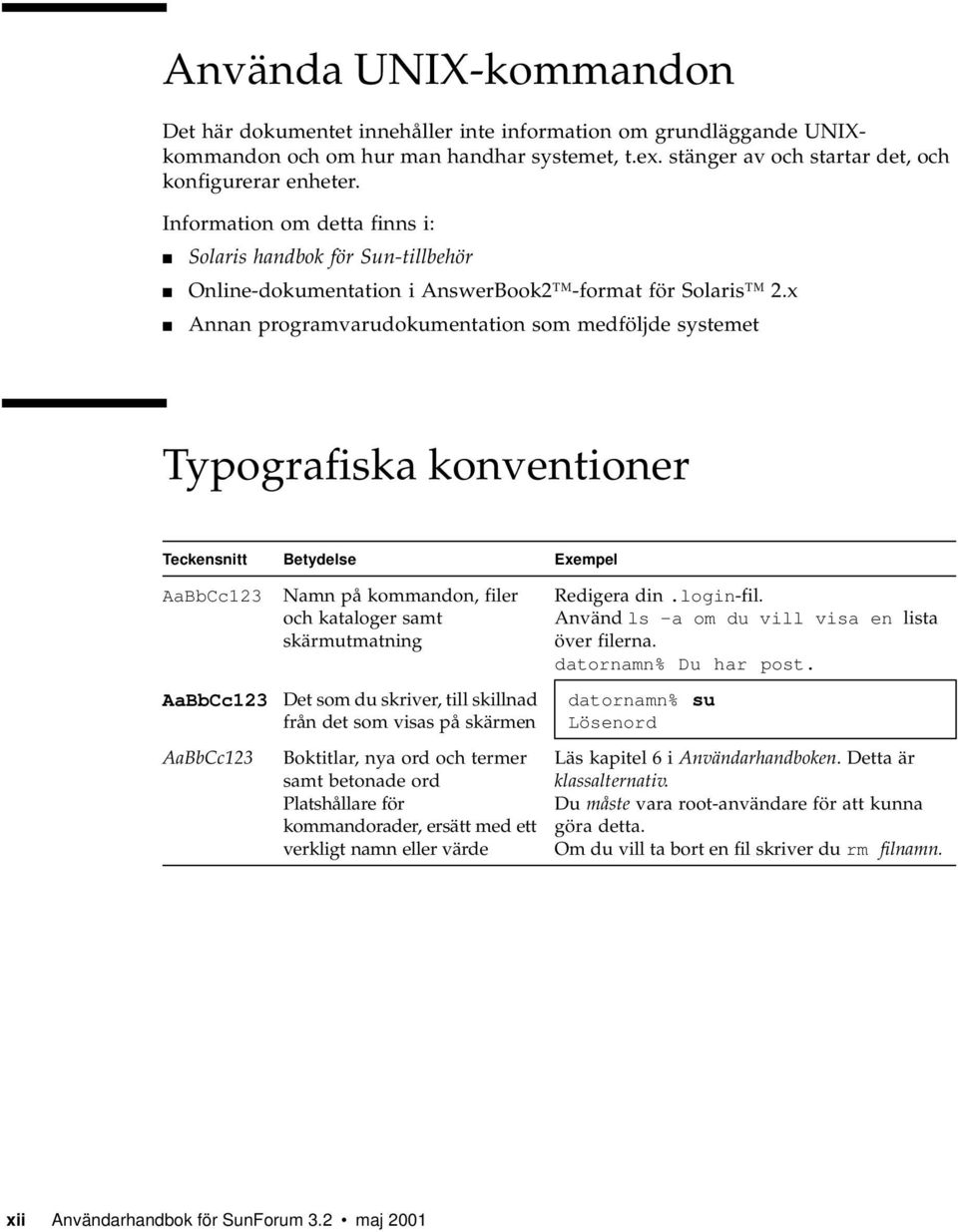 x Annan programvarudokumentation som medföljde systemet Typografiska konventioner Teckensnitt Betydelse Exempel AaBbCc123 AaBbCc123 AaBbCc123 Namn på kommandon, filer och kataloger samt