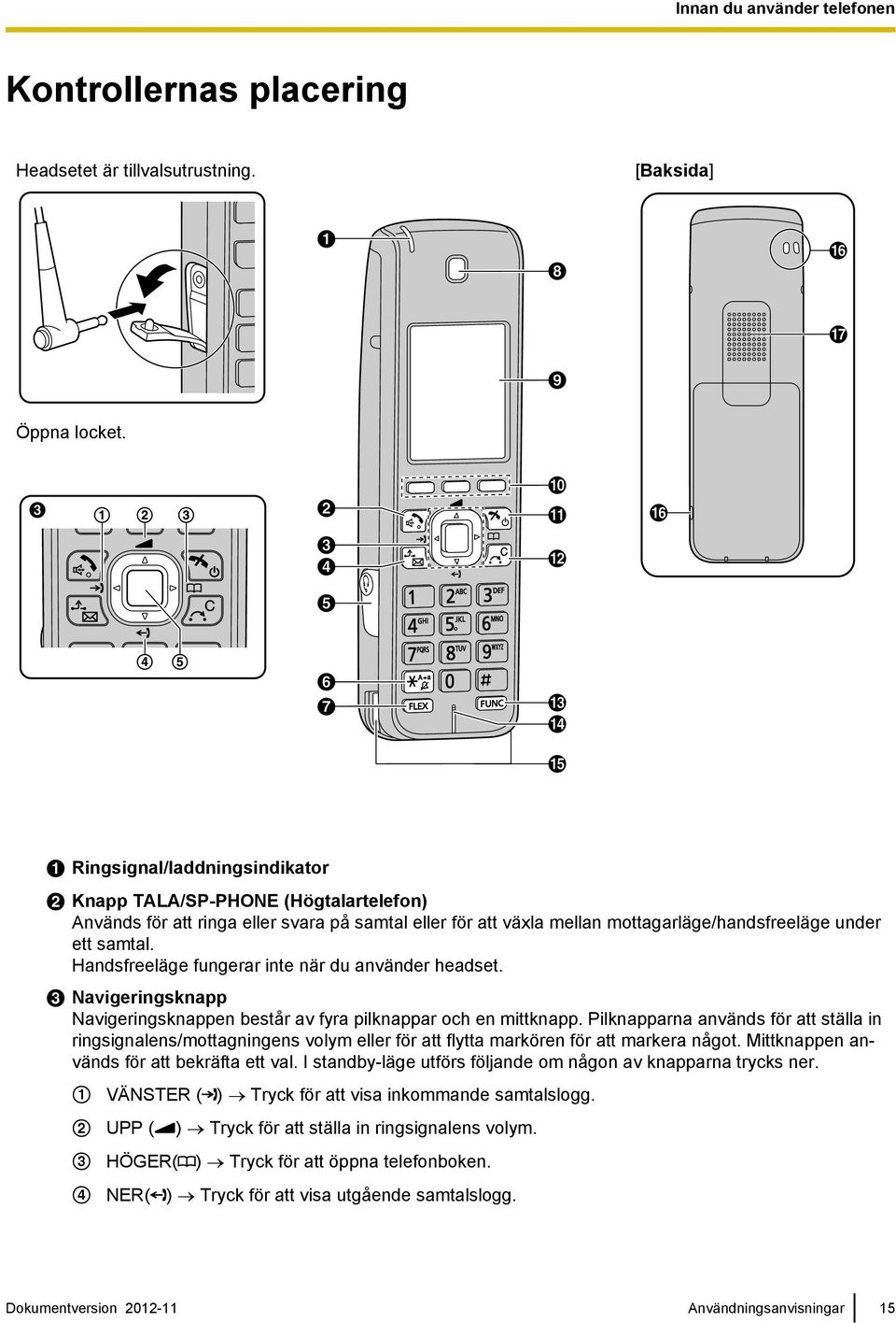 Handsfreeläge fungerar inte när du använder headset. C Navigeringsknapp Navigeringsknappen består av fyra pilknappar och en mittknapp.