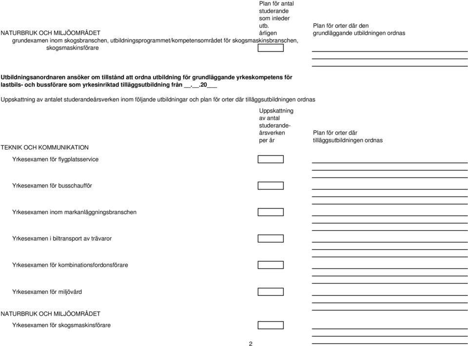 skogsmaskinsförare Utbildningsanordnaren ansöker om tillstånd att ordna utbildning för grundläggande yrkeskompetens för lastbils- och bussförare som yrkesinriktad tilläggsutbildning från.