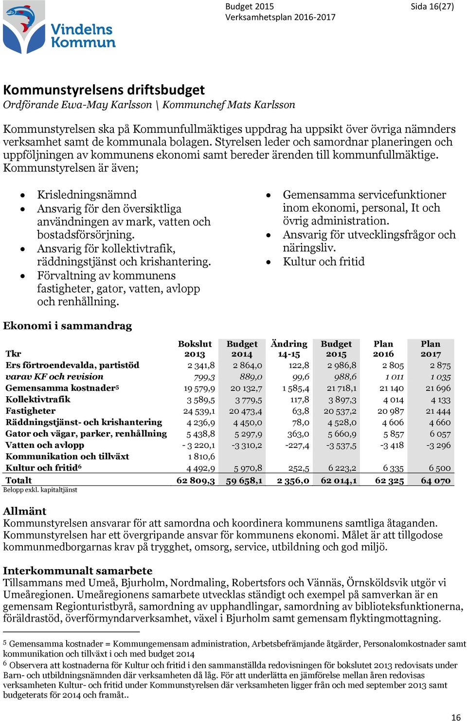 Kommunstyrelsen är även; Krisledningsnämnd Ansvarig för den översiktliga användningen av mark, vatten och bostadsförsörjning. Ansvarig för kollektivtrafik, räddningstjänst och krishantering.