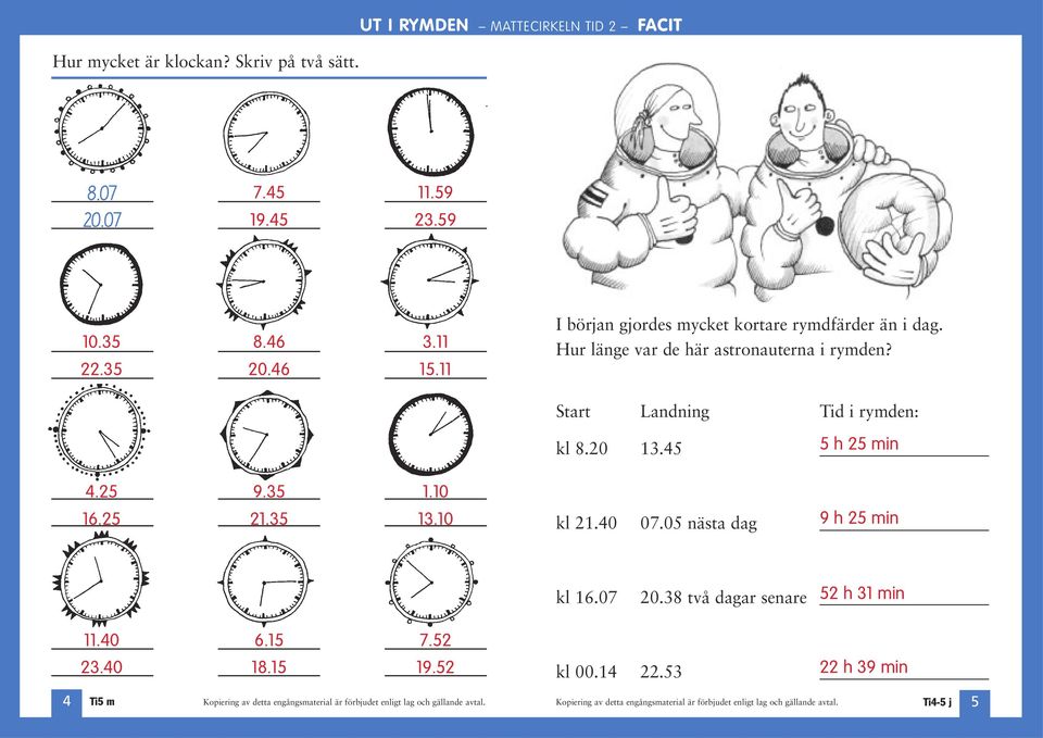 Start Landning Tid i rymden: kl 8.20 13.45 5 h 25 min 4.25 16.25 9.35 21.35 1.10 13.10 kl 21.40 07.