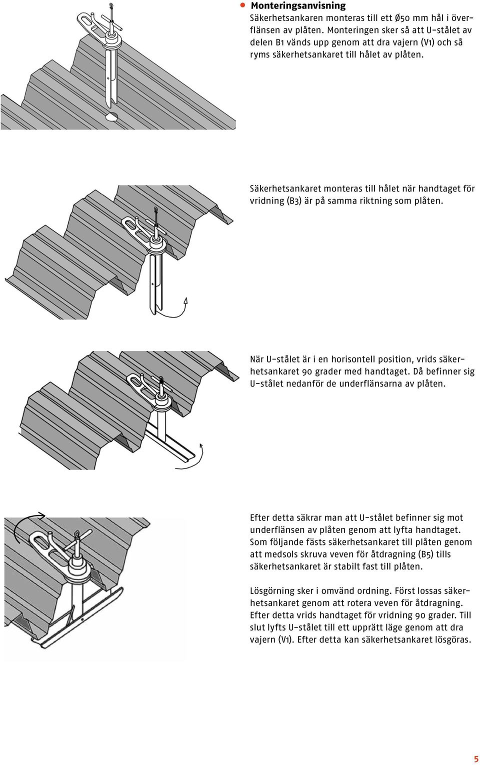 Säkerhetsankaret monteras till hålet när handtaget för vridning (B3) är på samma riktning som plåten. När U-stålet är i en horisontell position, vrids säkerhetsankaret 90 grader med handtaget.