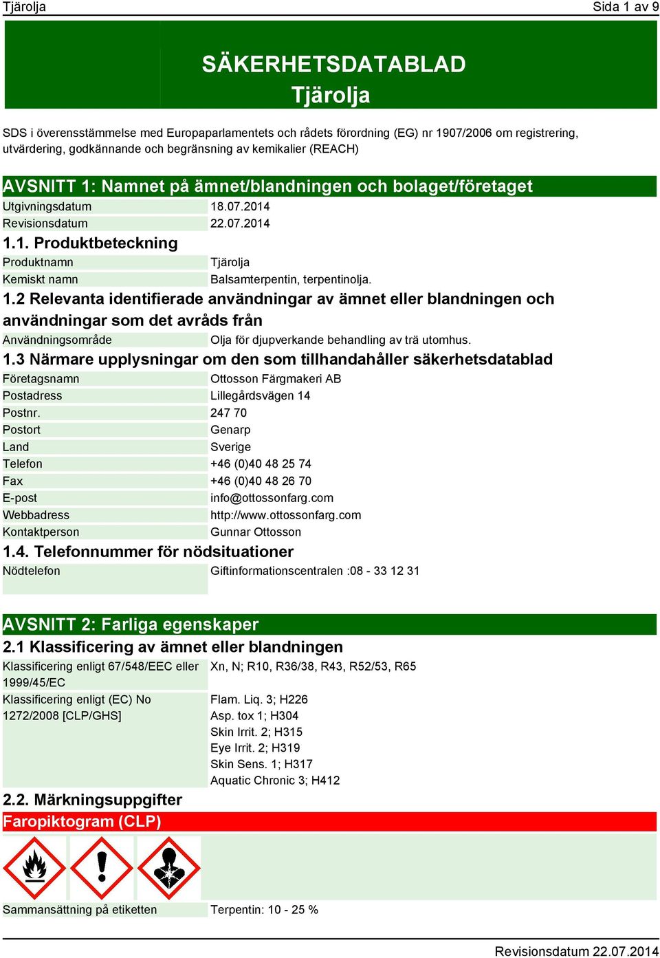 1.3 Närmare upplysningar om den som tillhandahåller säkerhetsdatablad Företagsnamn Ottosson Färgmakeri AB Postadress Lillegårdsvägen 14 Postnr.