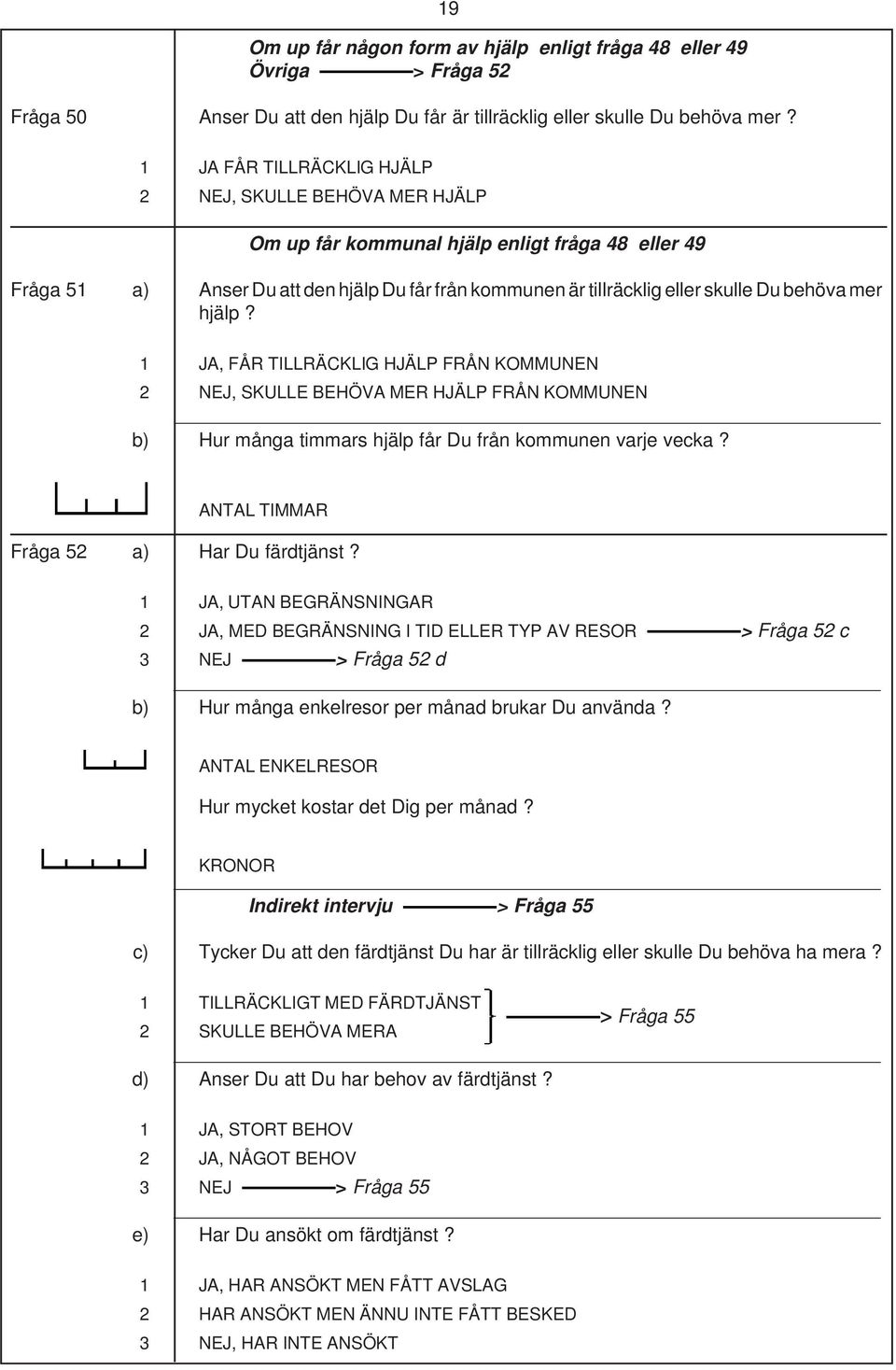 hjälp?, FÅR TILLRÄCKLIG HJÄLP FRÅN KOMMUNEN, SKULLE BEHÖVA MER HJÄLP FRÅN KOMMUNEN b) Hur många timmars hjälp får Du från kommunen varje vecka? ANTAL TIMMAR Fråga 52 a) Har Du färdtjänst?