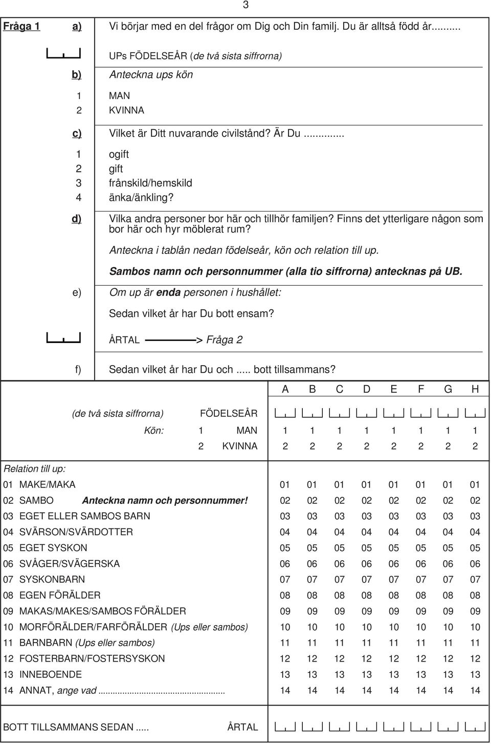 Anteckna i tablån nedan födelseår, kön och relation till up. Sambos namn och personnummer (alla tio siffrorna) antecknas på UB.