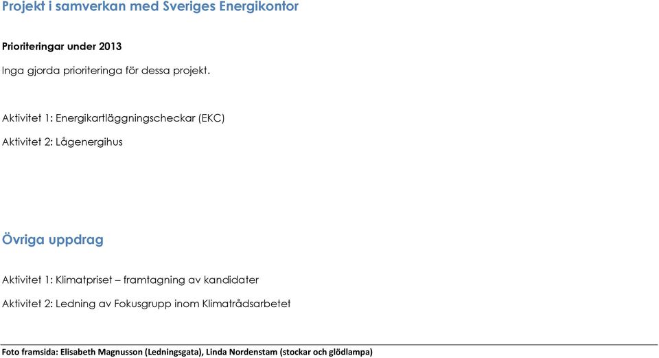 Aktivitet 1: Energikartläggningscheckar (EKC) Aktivitet 2: Lågenergihus Övriga uppdrag Aktivitet 1: