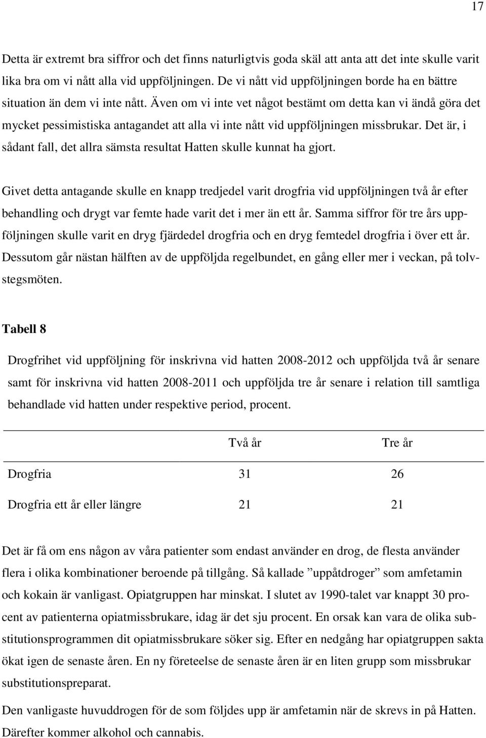 Även om vi inte vet något bestämt om detta kan vi ändå göra det mycket pessimistiska antagandet att alla vi inte nått vid uppföljningen missbrukar.