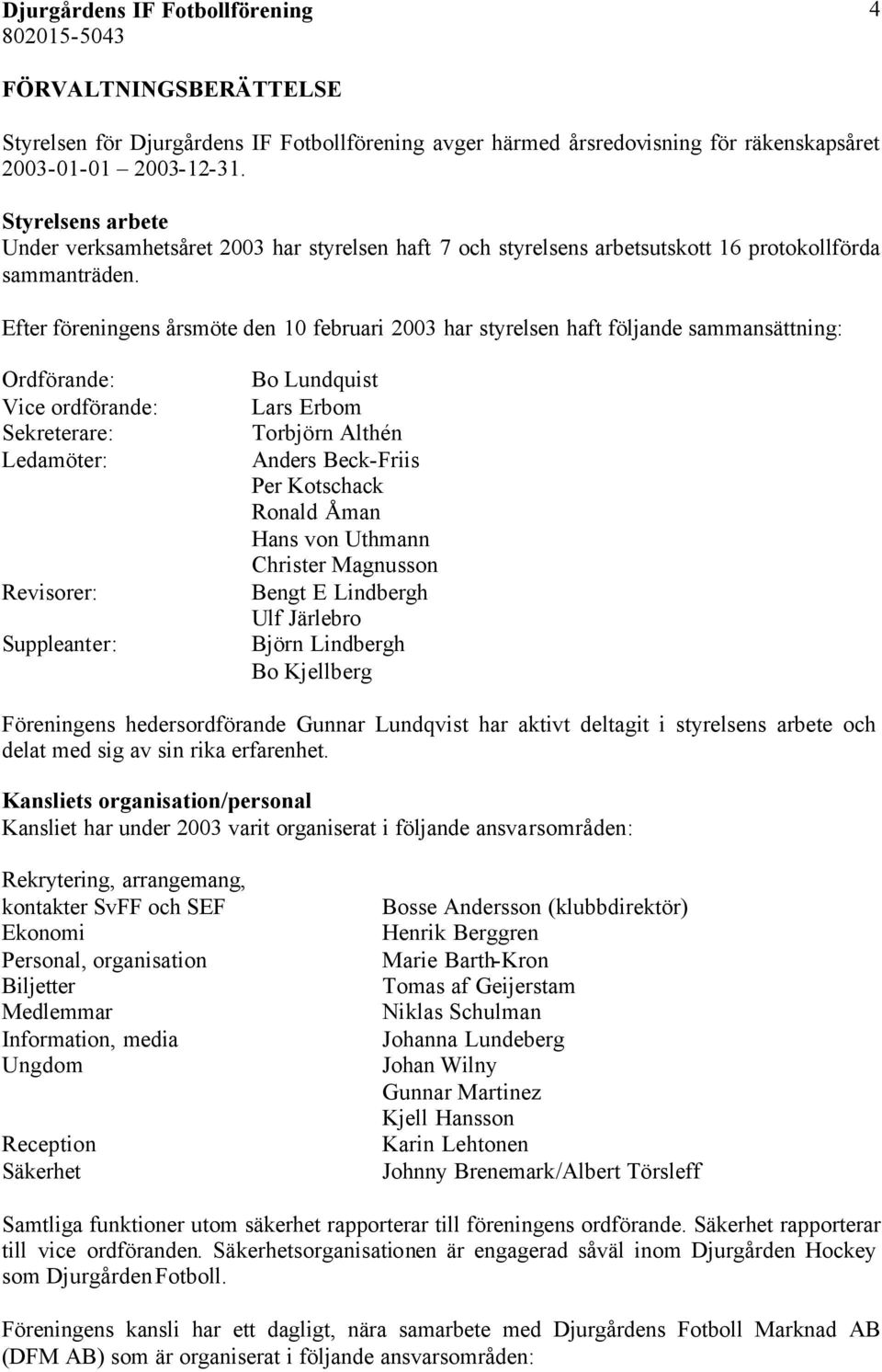 Efter föreningens årsmöte den 10 februari 2003 har styrelsen haft följande sammansättning: Ordförande: Vice ordförande: Sekreterare: Ledamöter: Revisorer: Suppleanter: Bo Lundquist Lars Erbom