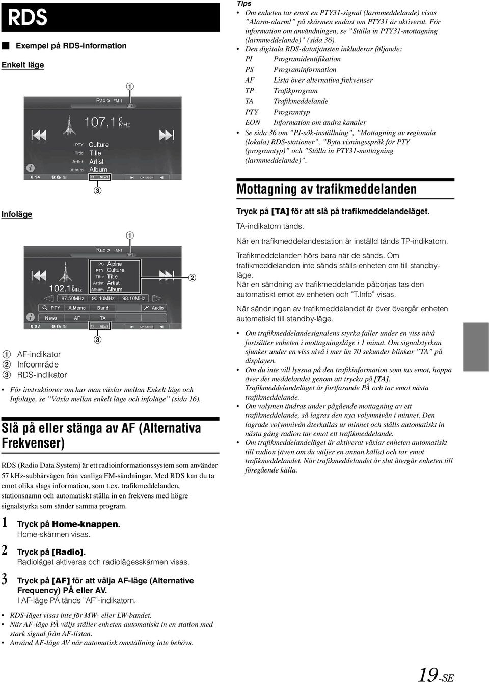 Den digitala RDS-datatjänsten inkluderar följande: PI Programidentifikation PS Programinformation AF Lista över alternativa frekvenser TP Trafikprogram TA Trafikmeddelande PTY Programtyp EON