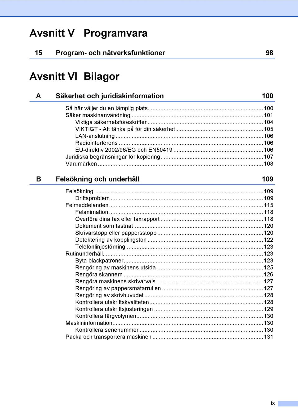 ..106 Juridiska begränsningar för kopiering...107 Varumärken...108 B Felsökning och underhåll 109 Felsökning...109 Driftsproblem...109 Felmeddelanden...115 Felanimation.