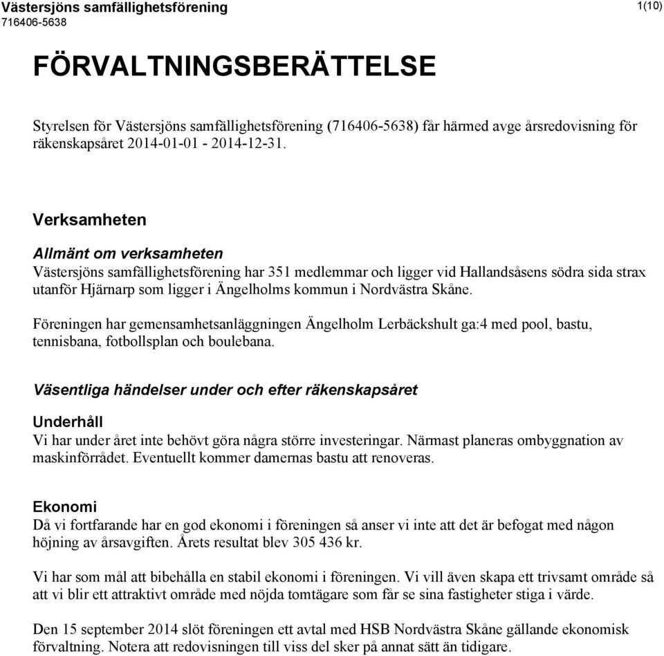 Skåne. Föreningen har gemensamhetsanläggningen Ängelholm Lerbäckshult ga:4 med pool, bastu, tennisbana, fotbollsplan och boulebana.