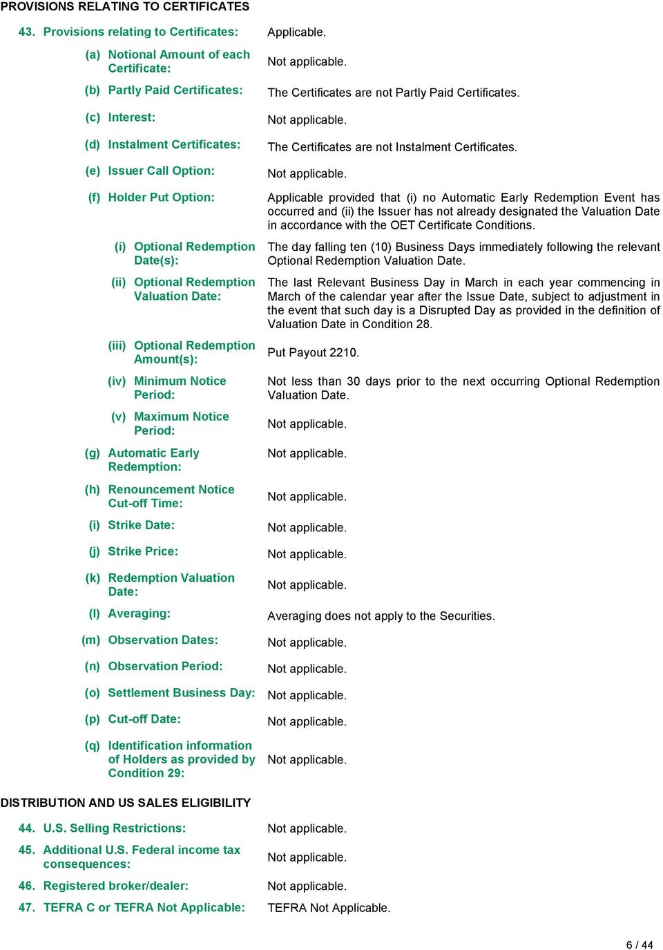 Optional Redemption Valuation Date: (iii) Optional Redemption Amount(s): (iv) Minimum Notice Period: (v) Maximum Notice Period: (g) Automatic Early Redemption: (h) Renouncement Notice Cut-off Time: