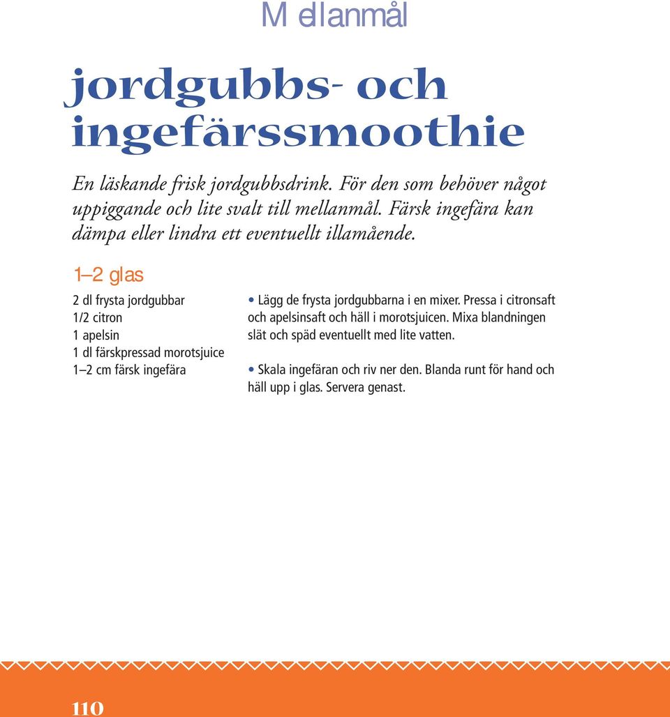 1 2 glas 2 dl frysta jordgubbar 1/2 citron 1 apelsin 1 dl färskpressad morotsjuice 1 2 cm färsk ingefära Lägg de frysta jordgubbarna i en