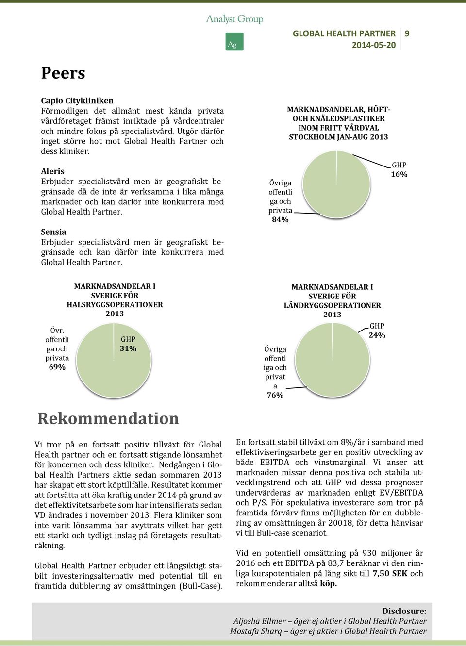 MARKNADSANDELAR, HÖFT- OCH KNÄLEDSPLASTIKER INOM FRITT VÅRDVAL STOCKHOLM JAN-AUG 2013 Aleris Erbjuder specialistvård men är geografiskt begränsade då de inte är verksamma i lika många marknader och