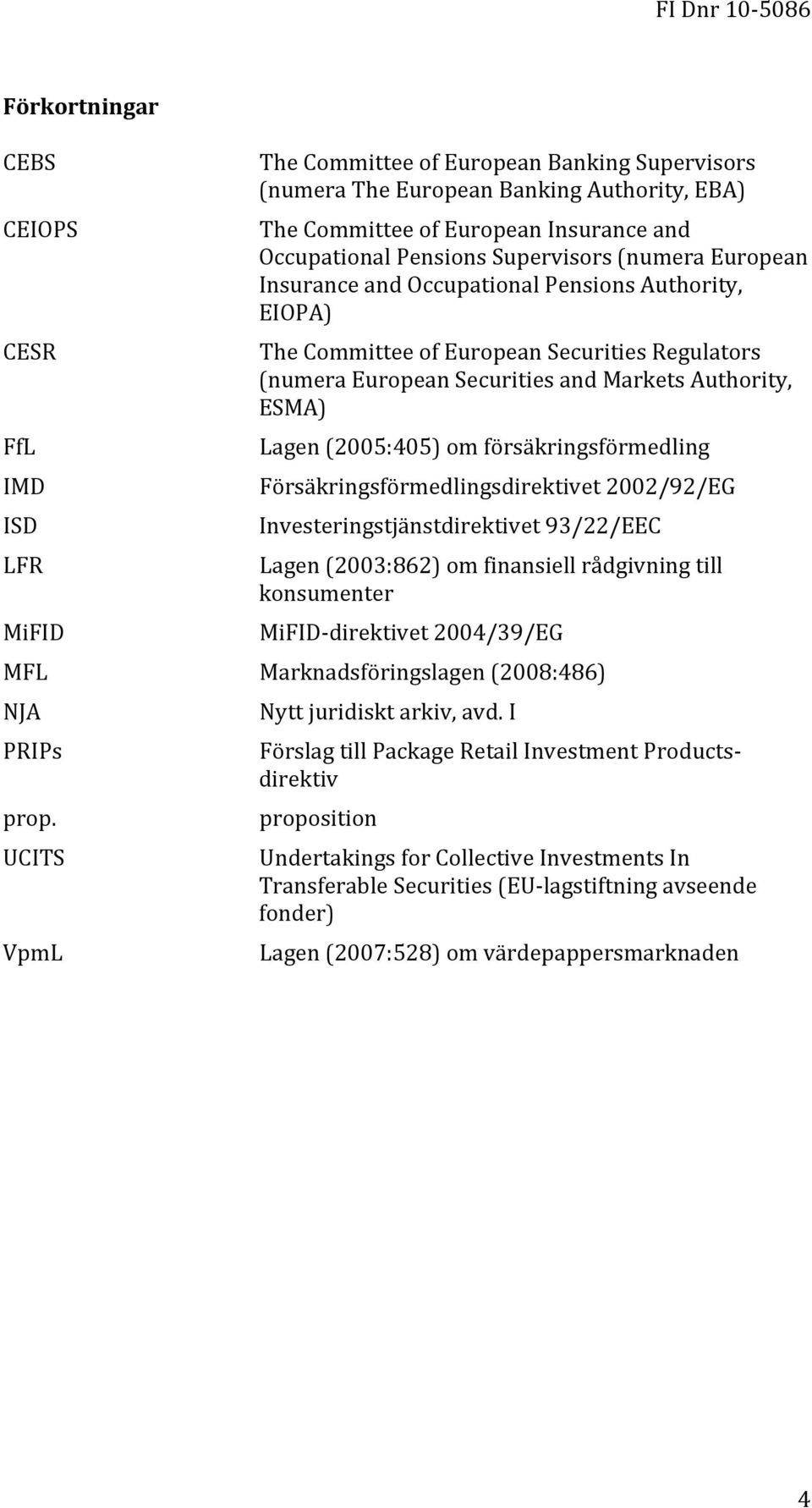 Insurance and Occupational Pensions Authority, EIOPA) The Committee of European Securities Regulators (numera European Securities and Markets Authority, ESMA) Lagen (2005:405) om