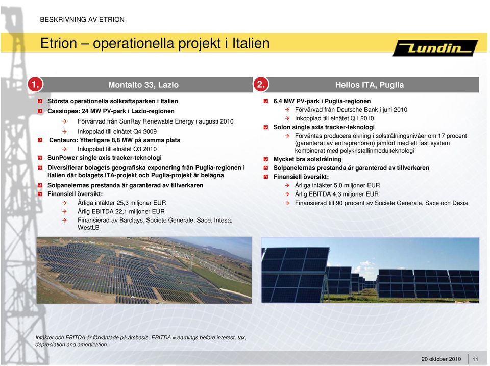 8,8 MW på samma plats Inkopplad till elnätet Q3 2010 SunPower single axis tracker-teknologi Diversifierar bolagets geografiska exponering från Puglia-regionen i Italien där bolagets ITA-projekt och