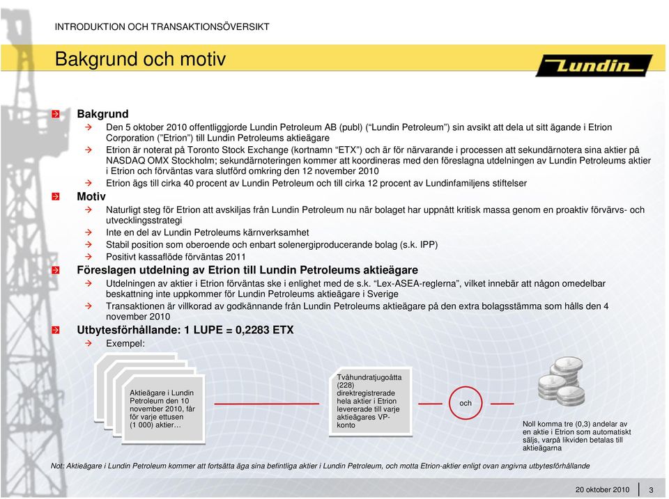 Stockholm; sekundärnoteringen kommer att koordineras med den föreslagna utdelningen av Lundin Petroleums aktier i Etrion och förväntas vara slutförd omkring den 12 november 2010 Etrion ägs till cirka