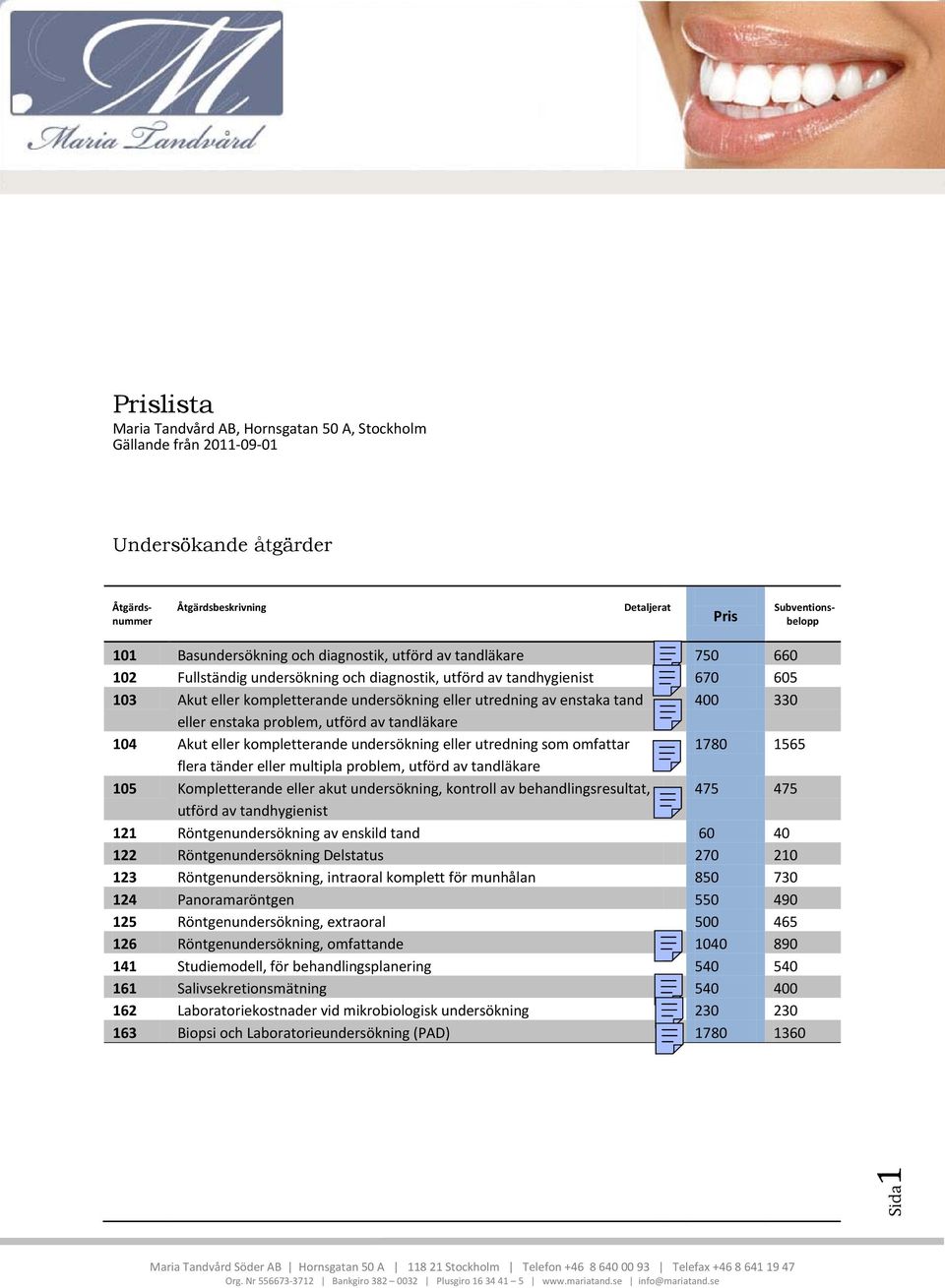 330 eller enstaka problem, utförd av tandläkare 104 Akut eller kompletterande undersökning eller utredning som omfattar 1780 1565 flera tänder eller multipla problem, utförd av tandläkare 105