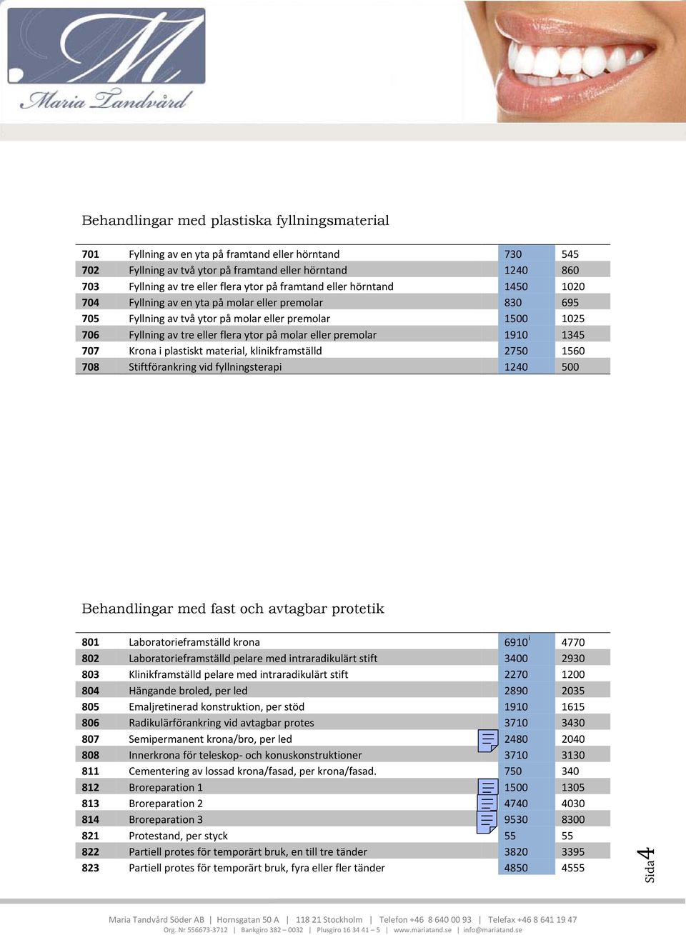 molar eller premolar 1910 1345 707 Krona i plastiskt material, klinikframställd 2750 1560 708 Stiftförankring vid fyllningsterapi 1240 500 Behandlingar med fast och avtagbar protetik 801