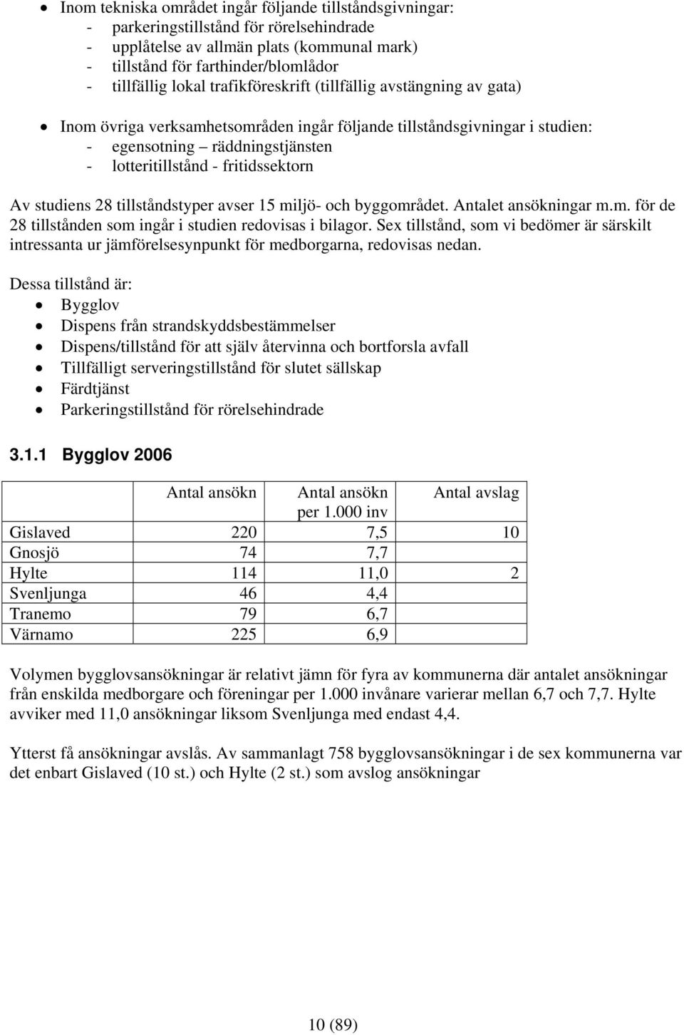 fritidssektorn Av studiens 28 tillståndstyper avser 15 miljö- och byggområdet. Antalet ansökningar m.m. för de 28 tillstånden som ingår i studien redovisas i bilagor.