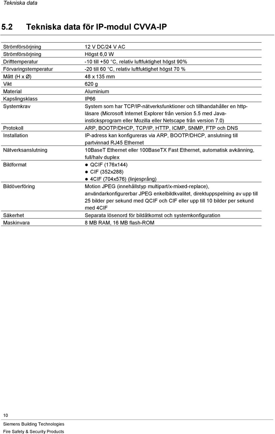 relativ luftfuktighet högst 70 % Mått (H x Ø) 48 x 135 mm Vikt 620 g Material Aluminium Kapslingsklass IP66 Systemkrav System som har TCP/IP-nätverksfunktioner och tillhandahåller en httpläsare