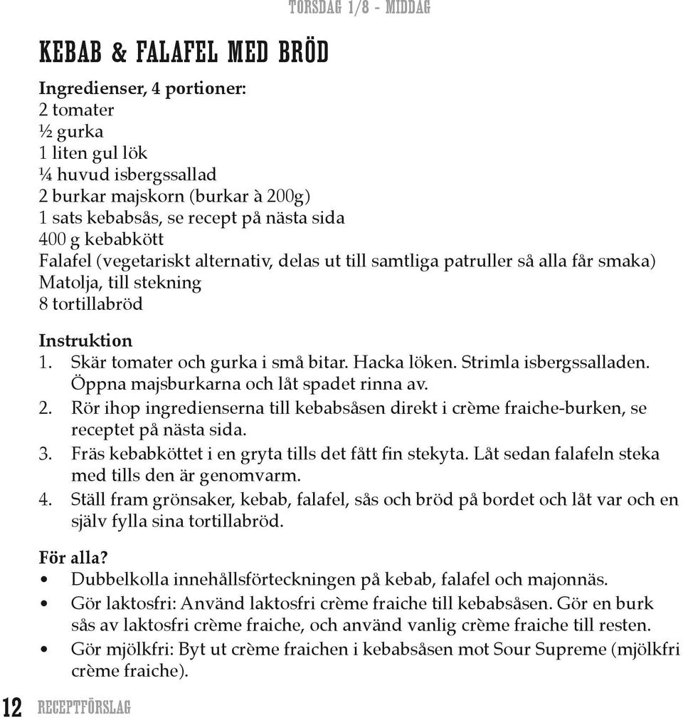 Hacka löken. Strimla isbergssalladen. Öppna majsburkarna och låt spadet rinna av. 2. Rör ihop ingredienserna till kebabsåsen direkt i crème fraiche-burken, se receptet på nästa sida. 3.