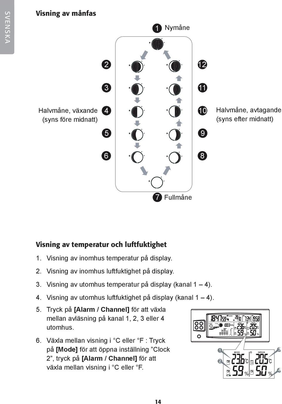 . Visning av utomhus luftfuktighet på display (kanal ). 5. Tryck på [Alarm / Channel] för att växla mellan avläsning på kanal,, eller utomhus. Pressure Trend 6.