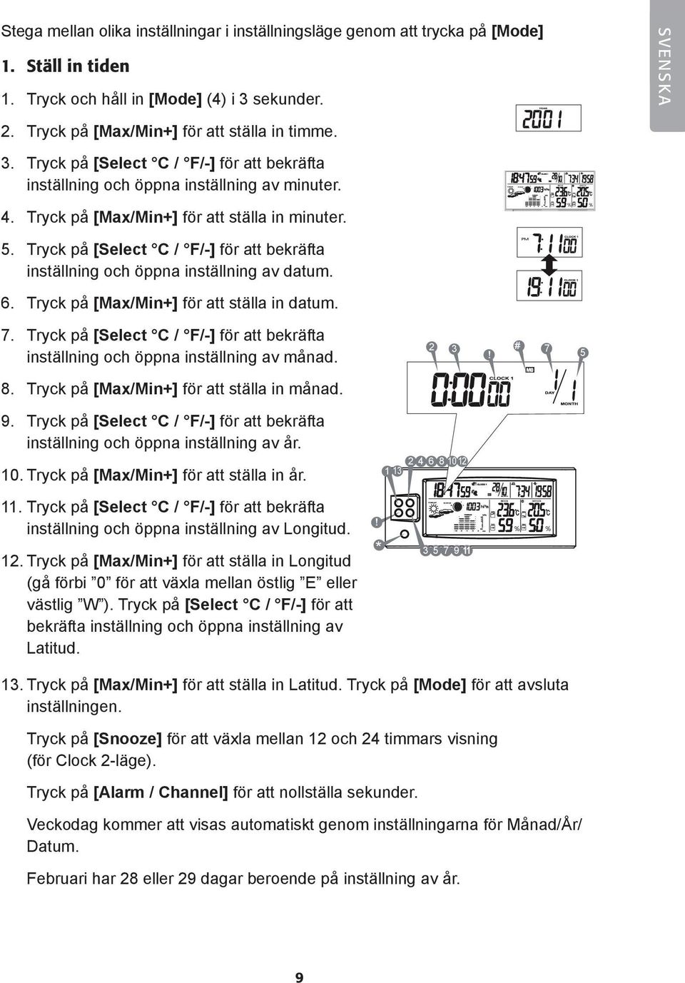 Tryck på [Select C / F/-] för att bekräfta inställning och öppna inställning av datum. 6. Tryck på [Max/Min+] för att ställa in datum. 7.