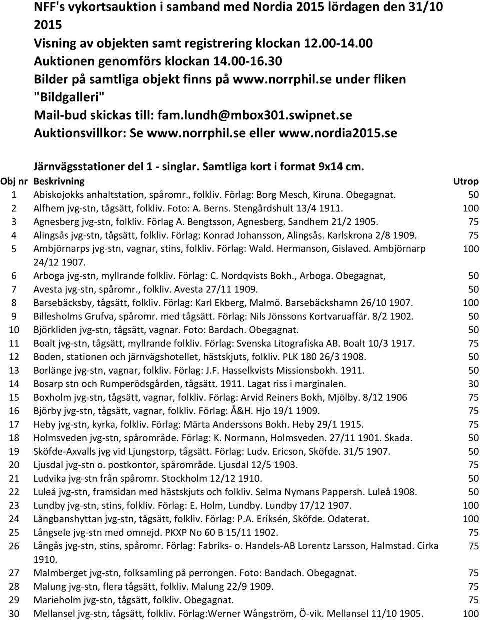 se Järnvägsstationer del 1 - singlar. Samtliga kort i format 9x14 cm. 1 Abiskojokks anhaltstation, spåromr., folkliv. Förlag: Borg Mesch, Kiruna. Obegagnat. 50 2 Alfhem jvg-stn, tågsätt, folkliv.