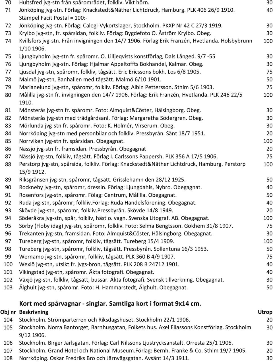 Obeg. 30 74 Kvillsfors jvg-stn. Från invigningen den 14/7 1906. Förlag Erik Franzén, Hvetlanda. Holsbybrunn 100 1/10 1906. 75 Ljungbyholm jvg-stn fr. spåromr. O. Lilljeqvists konstförlag, Dals Långed.