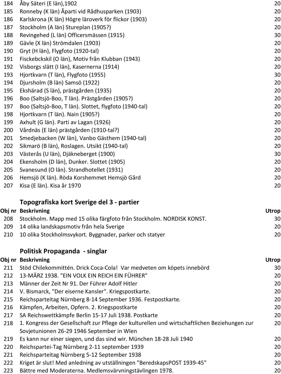 Visborgs slätt (I län), Kasernerna (1914) 20 193 Hjortkvarn (T län), Flygfoto (1955) 30 194 Djursholm (B län) Samsö (1922) 20 195 Ekshärad (S län), prästgården (1935) 20 196 Boo (Saltsjö-Boo, T län).