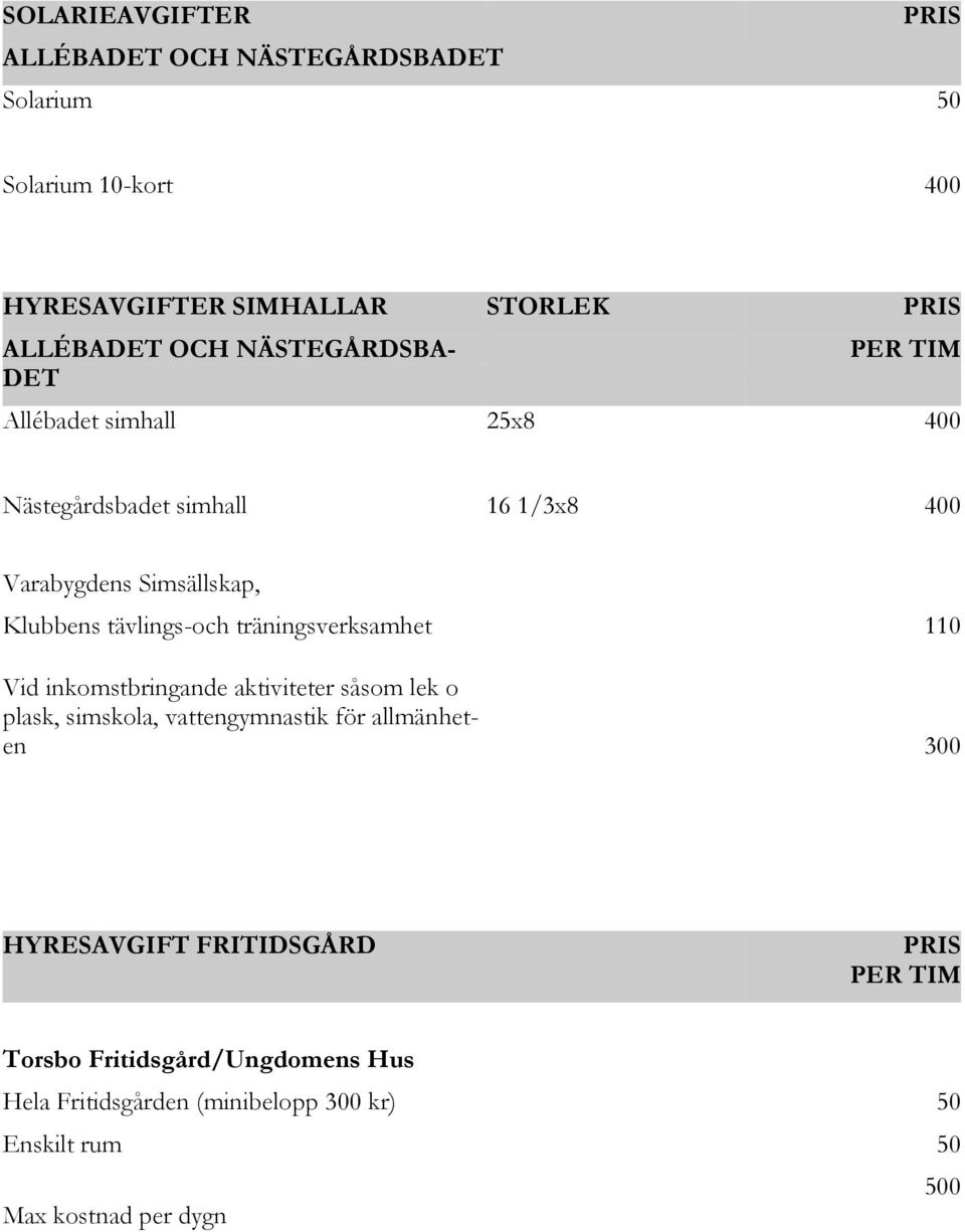 tävlings-och träningsverksamhet 110 Vid inkomstbringande aktiviteter såsom lek o plask, simskola, vattengymnastik för allmänheten 300