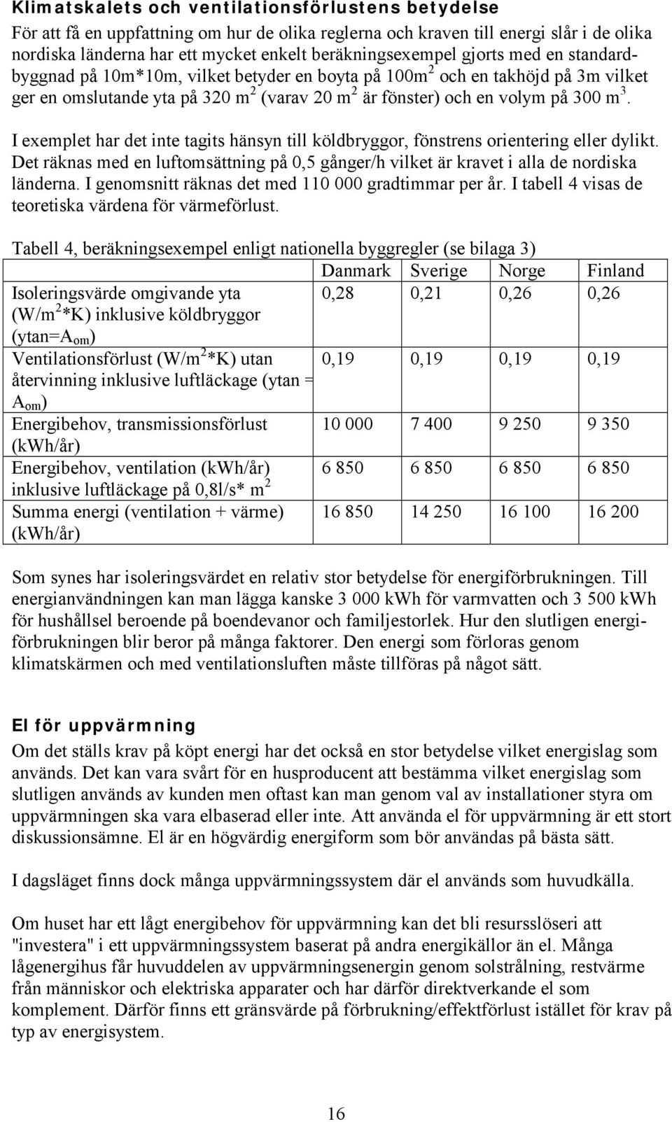 I exemplet har det inte tagits hänsyn till köldbryggor, fönstrens orientering eller dylikt. Det räknas med en luftomsättning på 0,5 gånger/h vilket är kravet i alla de nordiska länderna.