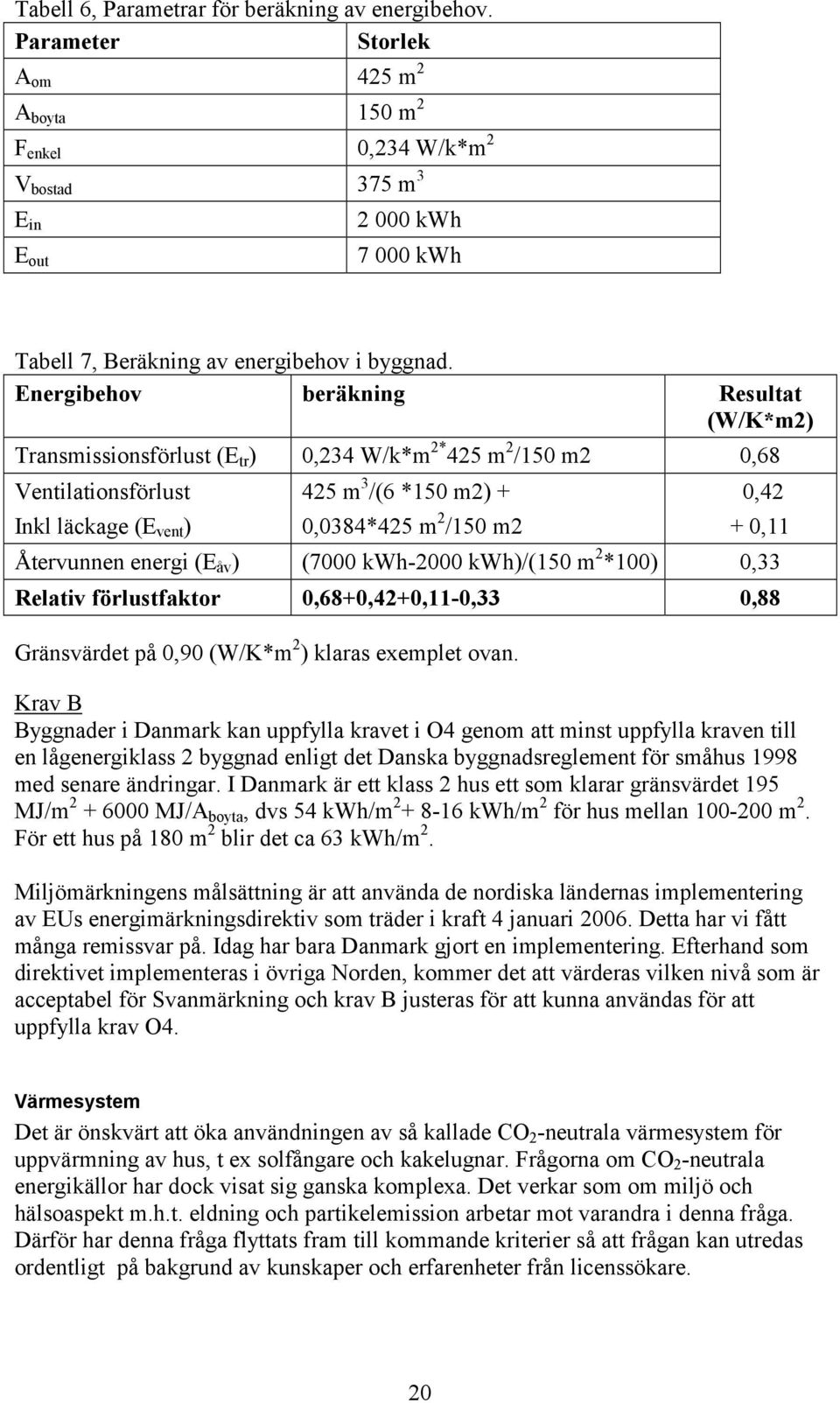 Energibehov beräkning Resultat (W/K*m2) Transmissionsförlust (E tr ) 0,234 W/k*m 2* 425 m 2 /150 m2 0,68 Ventilationsförlust Inkl läckage (E vent ) 425 m 3 /(6 *150 m2) + 0,0384*425 m 2 /150 m2 0,42
