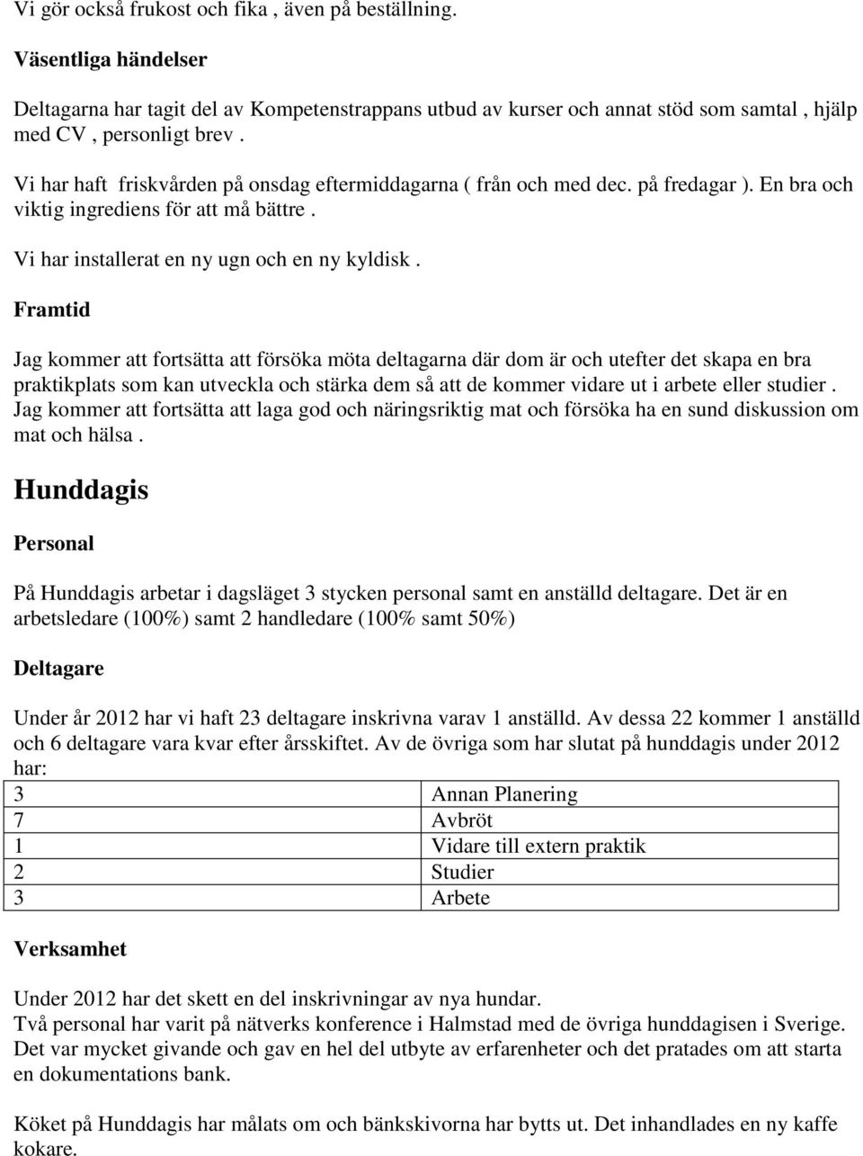 Framtid Jag kommer att fortsätta att försöka möta deltagarna där dom är och utefter det skapa en bra praktikplats som kan utveckla och stärka dem så att de kommer vidare ut i arbete eller studier.