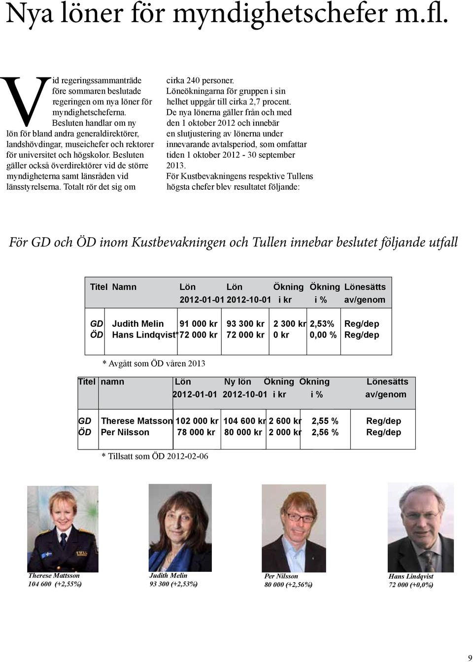 Besluten gäller också överdirektörer vid de större myndigheterna samt länsråden vid länsstyrelserna. Totalt rör det sig om cirka 240 personer.