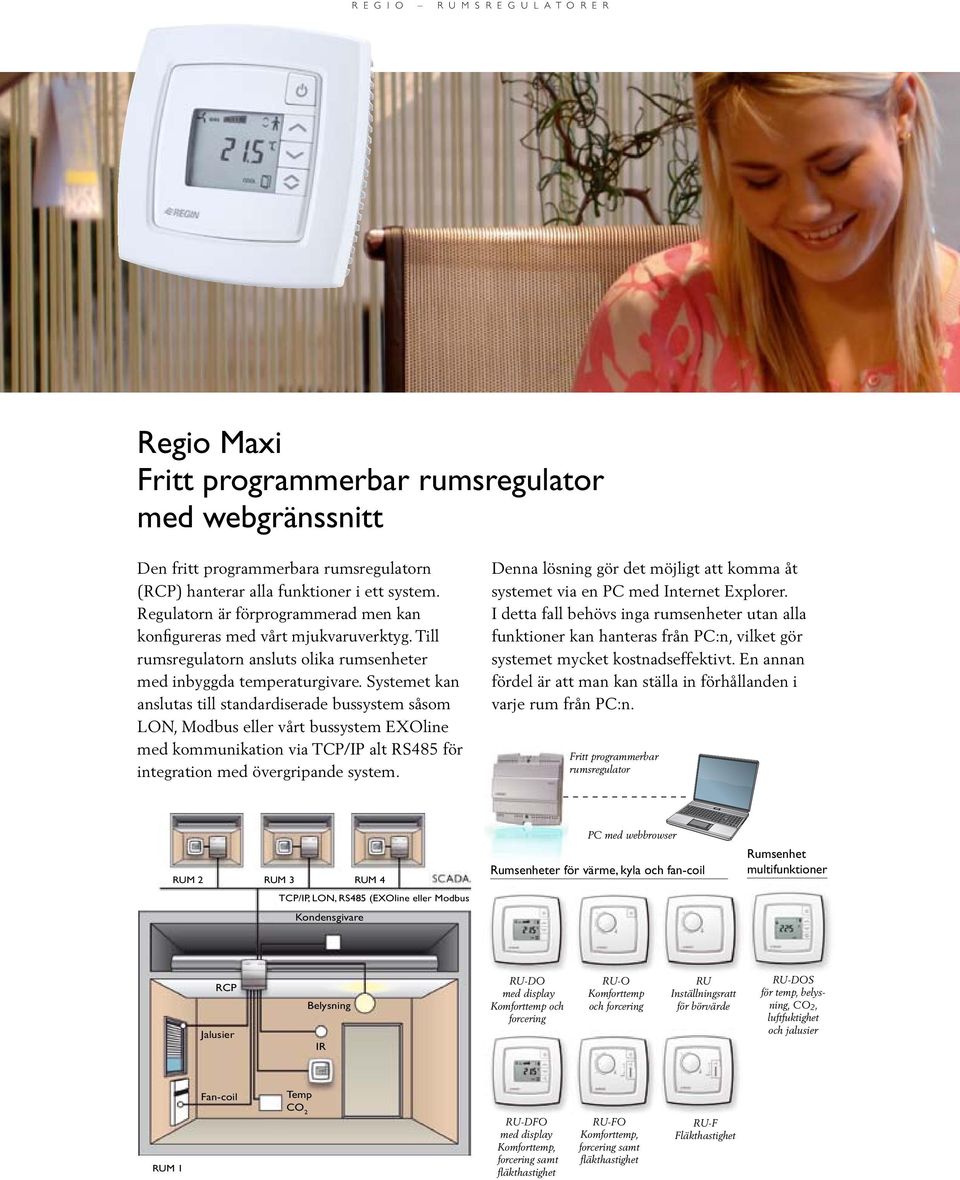 Systemet kan anslutas till standardiserade bussystem såsom LON, Modbus eller vårt bussystem EXOline med kommunikation via TCP/IP alt RS485 för integration med övergripande system.