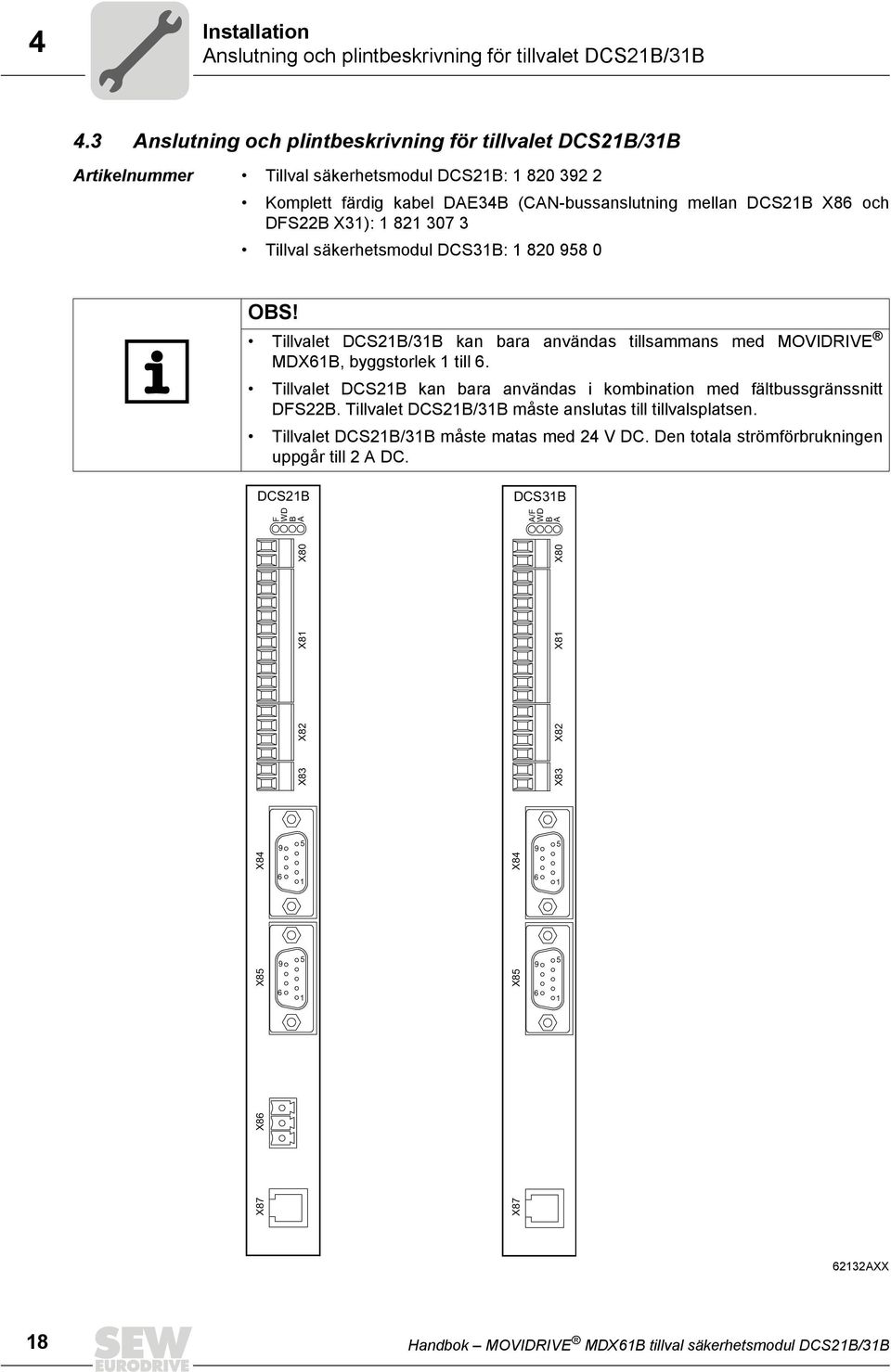 1 821 307 3 Tillval säkerhetsmodul DCS31B: 1 820 958 0 OBS! Tillvalet DCS21B/31B kan bara användas tillsammans med MOVIDRIVE MDX61B, byggstorlek 1 till 6.