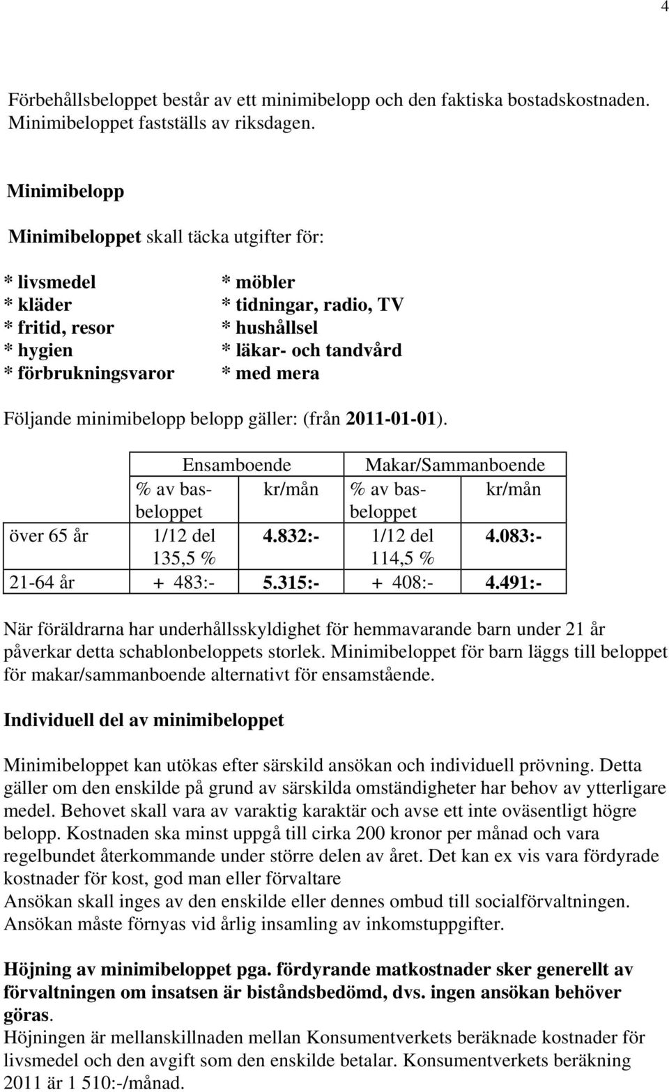 Följande minimibelopp belopp gäller: (från 2011-01-01). Ensamboende Makar/Sammanboende % av bas- kr/mån % av bas- kr/mån beloppet beloppet över 65 år 1/12 del 4.832:- 1/12 del 4.