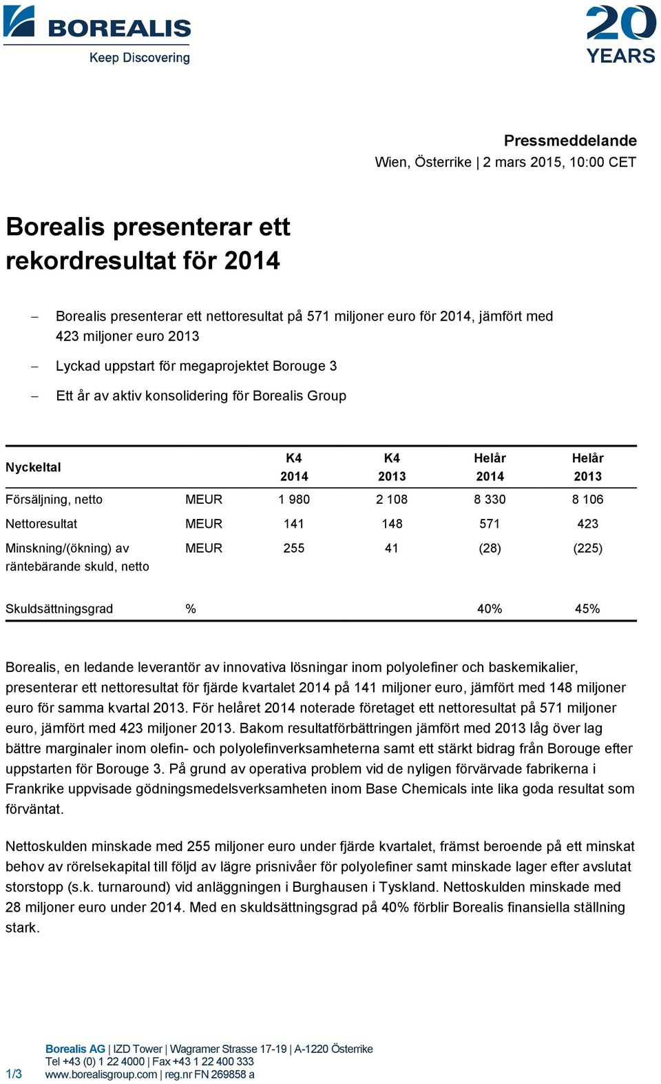 Nettoresultat MEUR 141 148 571 423 Minskning/(ökning) av räntebärande skuld, netto MEUR 255 41 (28) (225) Skuldsättningsgrad % 40% 45% Borealis, en ledande leverantör av innovativa lösningar inom