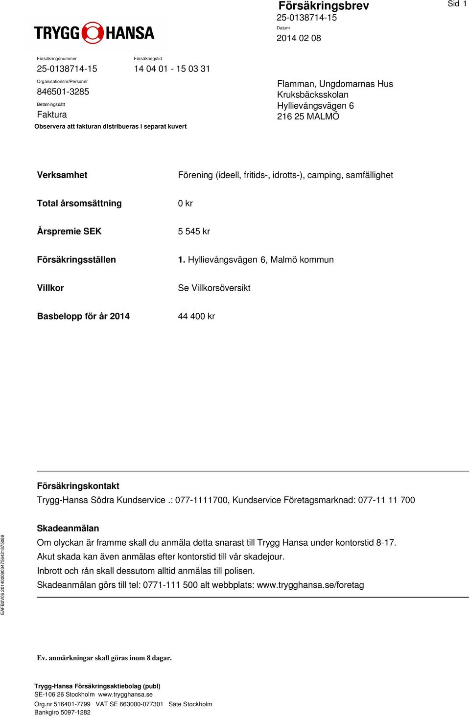 Försäkringsställen 1. Hyllievångsvägen 6, Malmö kommun Villkor Se Villkorsöversikt Basbelopp för år 2014 44 400 kr Försäkringskontakt Trygg-Hansa Södra Kundservice.