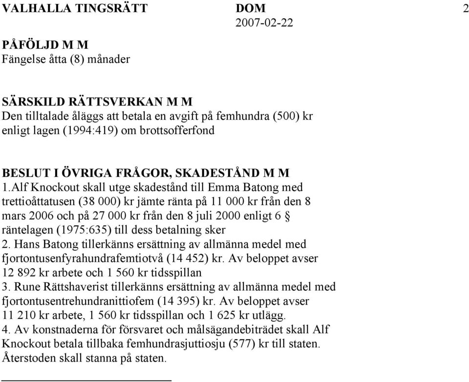 Alf Knockout skall utge skadestånd till Emma Batong med trettioåttatusen (38 000) kr jämte ränta på 11 000 kr från den 8 mars 2006 och på 27 000 kr från den 8 juli 2000 enligt 6 räntelagen (1975:635)