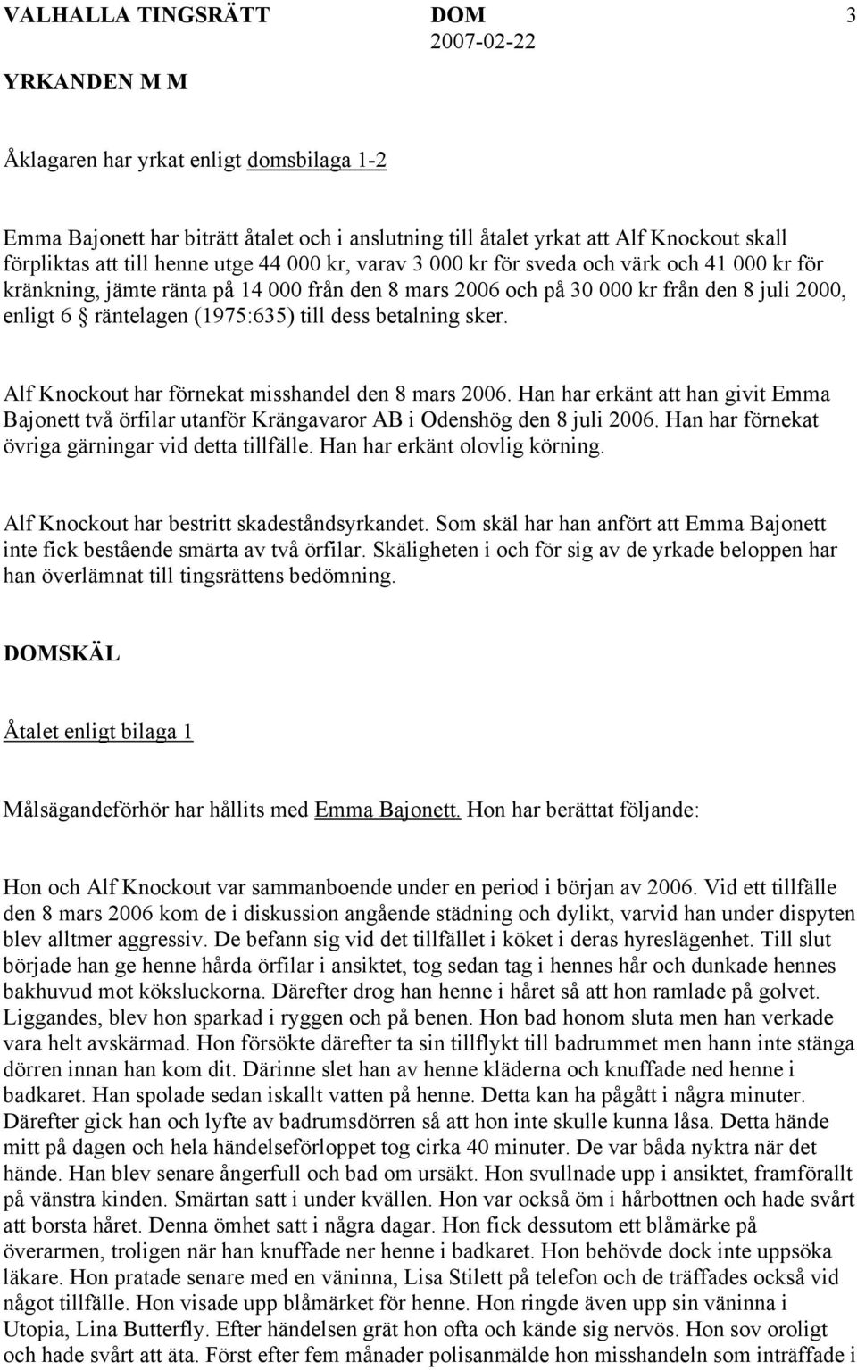 dess betalning sker. Alf Knockout har förnekat misshandel den 8 mars 2006. Han har erkänt att han givit Emma Bajonett två örfilar utanför Krängavaror AB i Odenshög den 8 juli 2006.