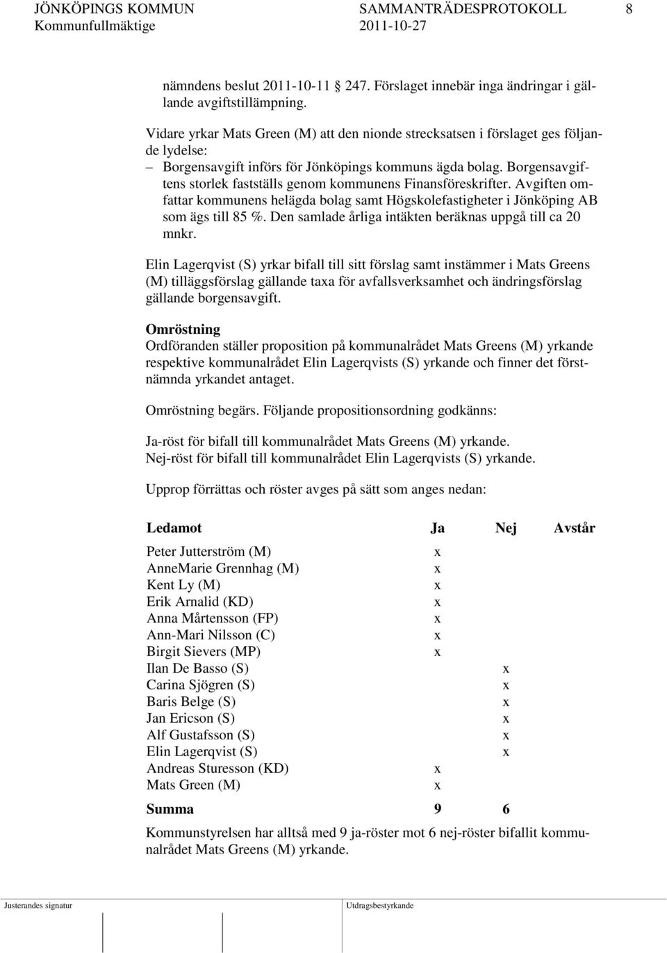 Borgensavgiftens storlek fastställs genom kommunens Finansföreskrifter. Avgiften omfattar kommunens helägda bolag samt Högskolefastigheter i Jönköping AB som ägs till 85 %.