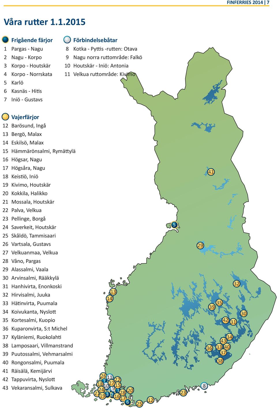 1.2015 Frigående färjor 1 Pargas - Nagu 2 Nagu - Korpo 3 Korpo - Houtskär 4 Korpo - Norrskata 5 Karlö 6 Kasnäs - Hitis 7 Iniö - Gustavs Förbindelsebåtar 8 Kotka - Pyttis -rutten: Otava 9 Nagu norra