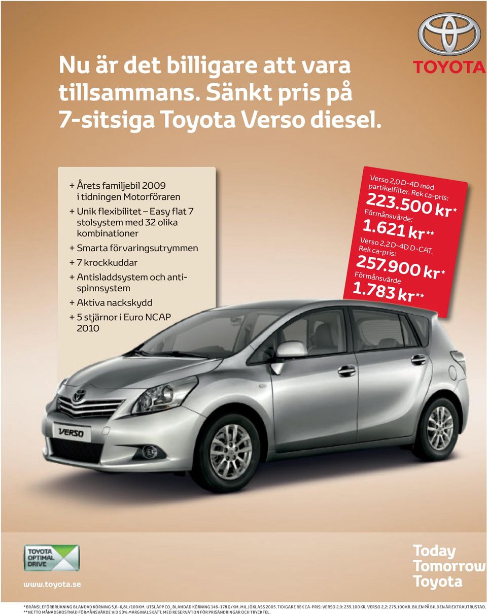 antispinnsystem + Aktiva nackskydd + 5 stjärnor i Euro NCAP 2010 Verso 2,0 D-4D med p a r t i k el f i l t er. R e k c a-pr i s : 223.500 kr * Förmånsvärde: 1.621 kr ** Verso 2,2 D-4D D-CAT.